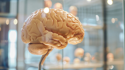 A close-up of a detailed human brain model displayed in a glass case. The model is crafted in a light brown color and showcases the intricate folds and structures of the brain. The background is