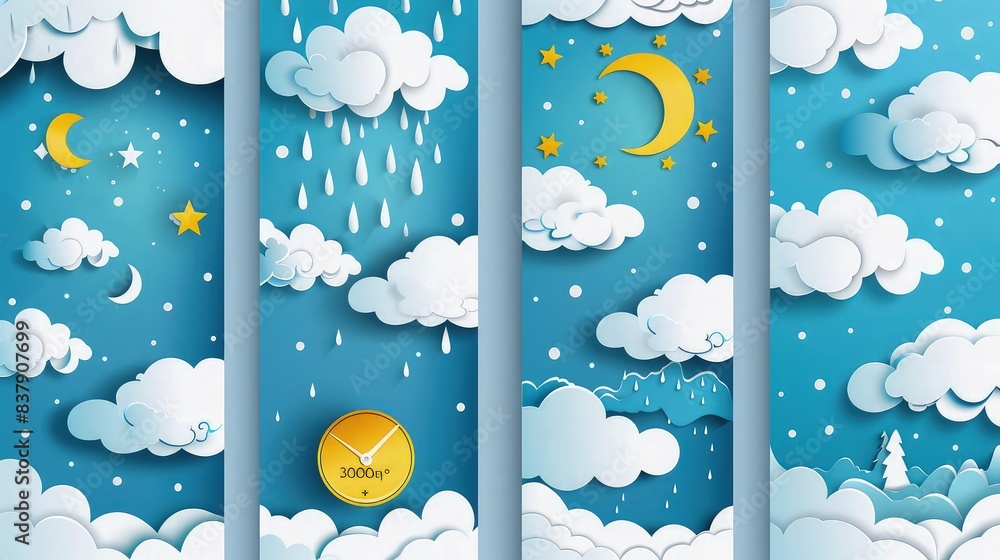 Poster vertical poster set featuring fluffy clouds in paper cut style for a weather forecast app. thunderst