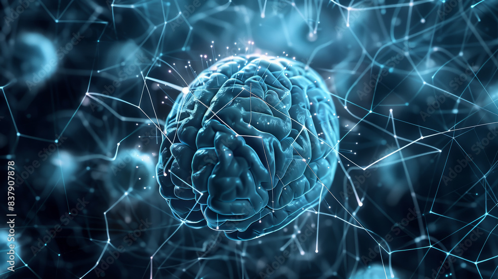 Poster this image depicts a 3d model of a human brain, rendered in a blue and white color scheme. the brain