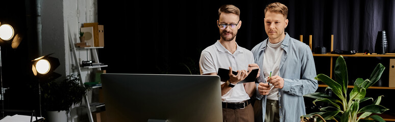 Two men in casual attire working on a laptop together.