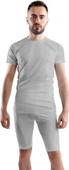 Heather t-shirt, compression suit mockup on bearded man, png, front view