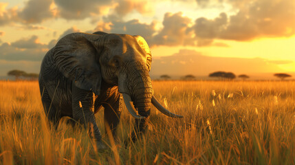Naklejka premium Majestic Elephant in African Savanna - Capturing the Beauty of Wildlife in its Natural Habitat