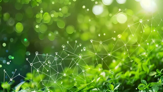 environment Icons over the Network connection line on green background, green leafy tree with many small icons on it. icons are connected to each other in a web-like pattern
