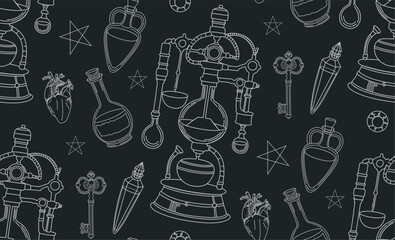 Vector illustration. Seamless pattern. Chemical revction. Alchemist's alembic. Bottles with elixir. Chemical ornament. Pattern on the theme of alchemy and mysticism.