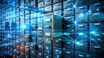 Obraz premium A futuristic digital interface showcasing a virtual filing cabinet with glowing folders, neon-lit data streams, and intricate network connections, symbolizing efficient electronic document management.