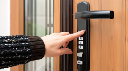 a woman's hand operating a digital device to unlock a door featuring a black touchpad lock, emphasizing the interaction between the hand and the advanced security system.