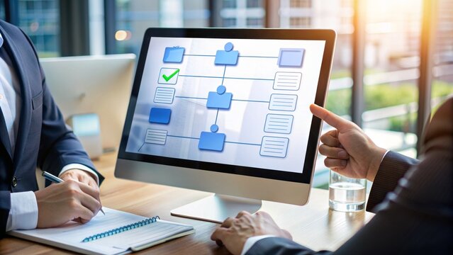 Virtual screen displays business process workflow with approve document, illustrating management approval and project approval concept, highlighting digital innovation.
