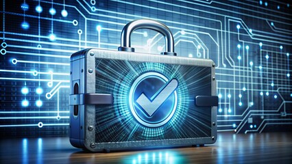A locked briefcase with a certification stamp and a glowing tick on a digital screen, surrounded by security cameras and encrypted data cables.