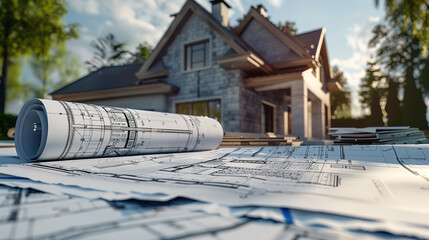 Approved house building loan, featuring construction blueprints and financial paperwork.