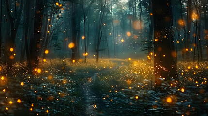 An enchanting scene of fireflies illuminating the darkness of a forest clearing, their bioluminescent glow casting an otherworldly ambiance that