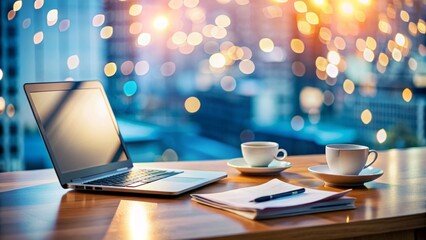 A modern desk with a laptop, papers, and a cup of coffee, surrounded by abstract blur lights, conveying the concept of hr technology in recruitment process.