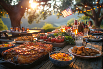 A table with traditional dishes for a Fourth of July celebration served in a park, with American flags waving on backdrop.