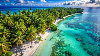 Obraz premium Breathtaking aerial view of a serene tropical paradise featuring turquoise waters, lush green palm trees, pristine white sand beach, and vibrant coral reefs.