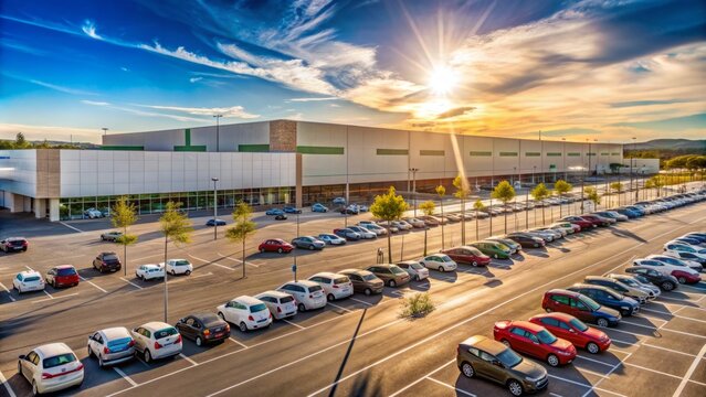 A modern supermarket building with a vast parking lot stands against a sunny spanish sky, rows of cars parked in organized lines, a tranquil atmosphere prevails.