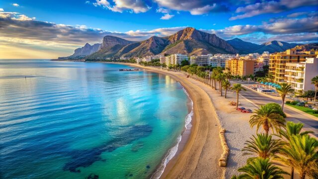 Serene mediterranean sea coastline meets stylish albir seaside beach, showcasing picturesque views from albir street in l'alfas del pi, alicante province, spain.