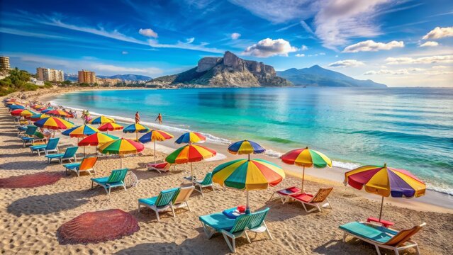 Serene turquoise mediterranean sea meets white pebbled raco de albir beach, lined with colorful umbrellas and loungers, under a radiant sunny sky in alicante, spain.