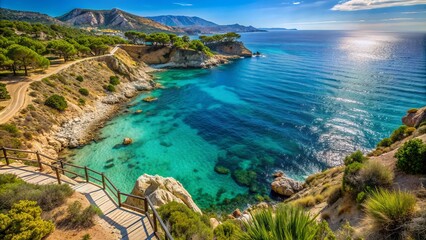 Serene mediterranean sea views from cliff path near villajoyosa, spain, displaying turquoise...