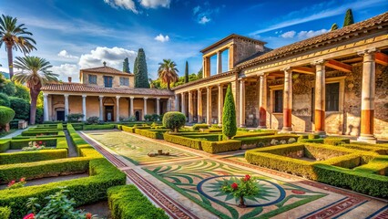 Ancient roman ruins of a majestic villa, surrounded by lush greenery, with columns, arches, and ornate mosaics, set against a bright blue sky.