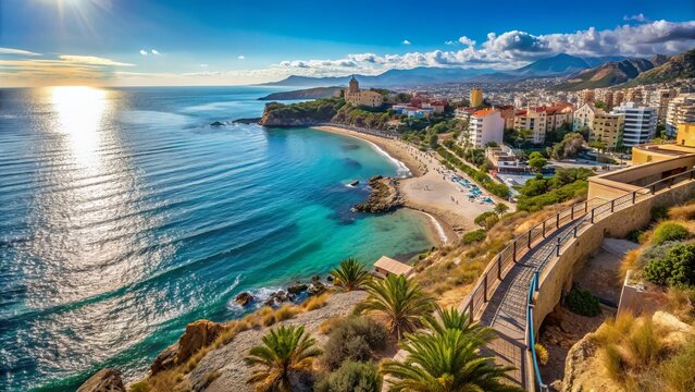Panoramic vista of tranquil mediterranean sea from elevated cliff path overlooking picturesque villajoyosa coastal town in valencian community, spain, on a serene day.