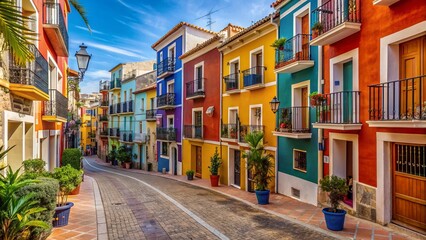 Fototapeta premium Narrow villajoyosa street lined with vibrant, multi-colored houses, showcasing charming mediterranean architecture in la vila joiosa, a picturesque coastal town in spain's valencian community.