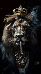 Fototapeta premium Lion wearing a crown in a suit smoking a cigar on a black background.