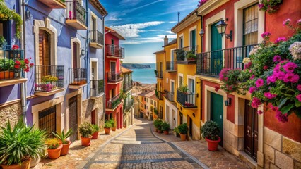 Fototapeta premium Narrow cobblestone street in la vila joiosa, spain, lined with multicolored houses, flowers, and ornate balconies, leading to the mediterranean sea in the background.