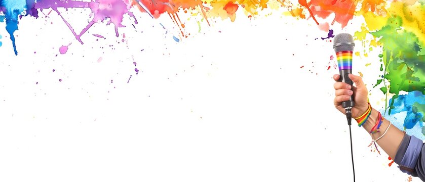 Hand Holding a Rainbow Microphone Against a Colorful Paint Splatter Background, Symbolizing LGBTQ Pride and Freedom of Expression