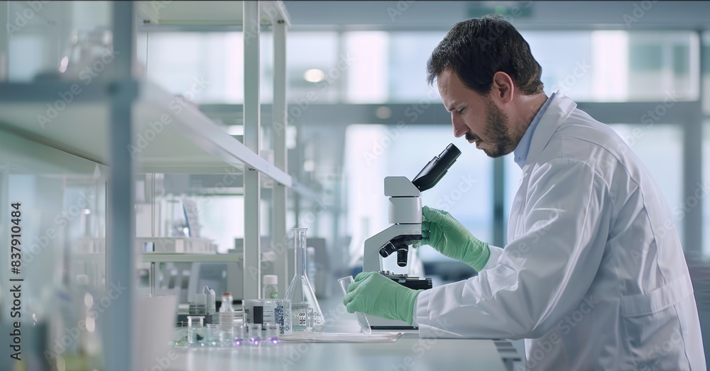 Poster the scientist using microscope