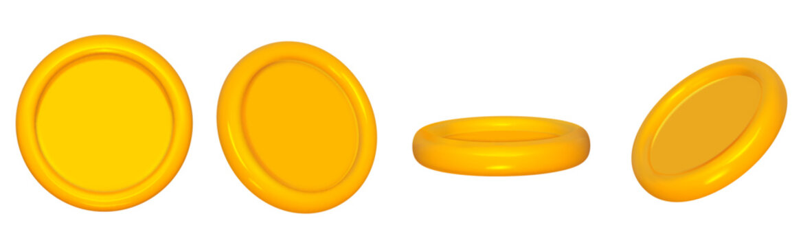 Game coin 3d set isolated. Gold money token flip. Cartoon game coin render. Vector illustration