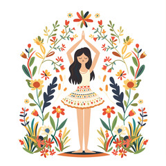 Young woman practicing yoga surrounded colorful flowers, peaceful meditation pose. Female character serene yoga asana, floral arrangement, wellbeing concept, isolated white background. Ethnic girl