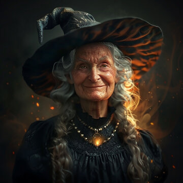 Portrait of an elderly good witch in black clothes and a magic hat on a dark background, An elderly woman with a wrinkled face and a kind smile