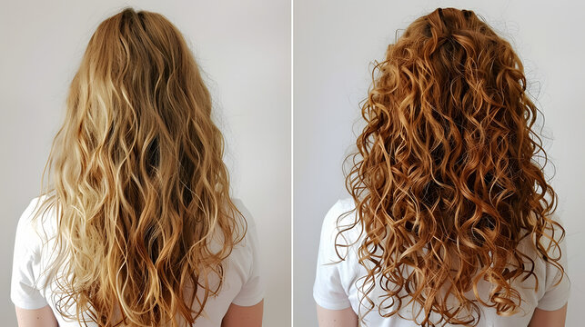 CGM hair treatment for curly hair with honey before and after styling. Concept Curly Hair, CGM Method, Honey Treatment, Hair Styling, Before and After