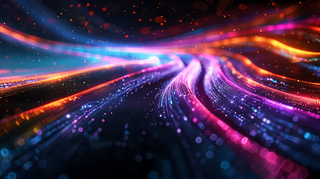 abstract digital background with colorful light trails and glowing dots, data transfer concept 