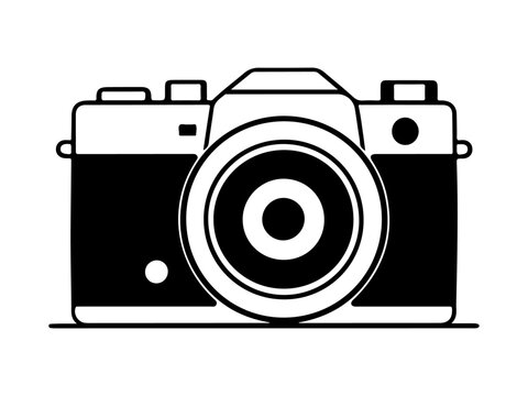 Digital photo camera Simple outline flat vector icon isolated on blue background