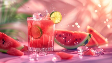 A glasses of watermelon agua fresca, Mexican fruit juices served with lime and sugar