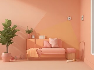 Peach fuzz, bare room, tiny living room inside. peach-colored wall paint. 2024's color theme. backdrop mockup. 3D model