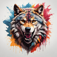 Hand drawn a wolf head mascot logo with colorful style for t-shirt design