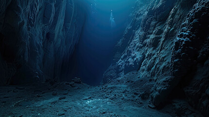 A rare underwater view of the Mariana Trench in the Pacific Ocean, in a realistic photographic style, showcasing the deepest part of the Earth's oceans