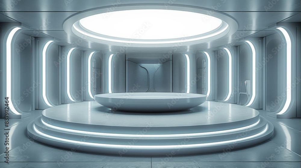 Poster A white circular display table, cool tones of light and high-tech elements. Generative AI.