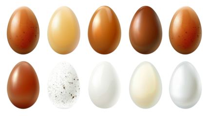 Set of realistic chicken eggs brown and white color isolated on transparent background