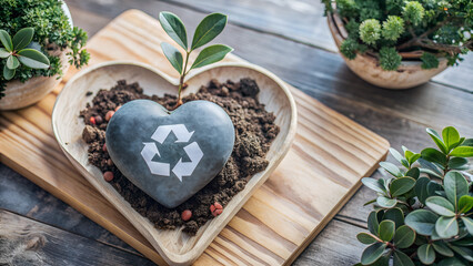 A heart-shaped stone with a recycling symbol. The concept of an eco-friendly life cycle.