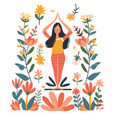 Woman practicing yoga surrounded colorful flowers. Peaceful yoga pose calm relaxing serene atmosphere. Female wellness fitness meditation garden nature