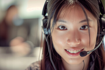 Smiling Asian Call Center Operator Providing Exceptional Customer Service with Professionalism and Grace