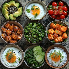 Assorted healthy meal bowls top view