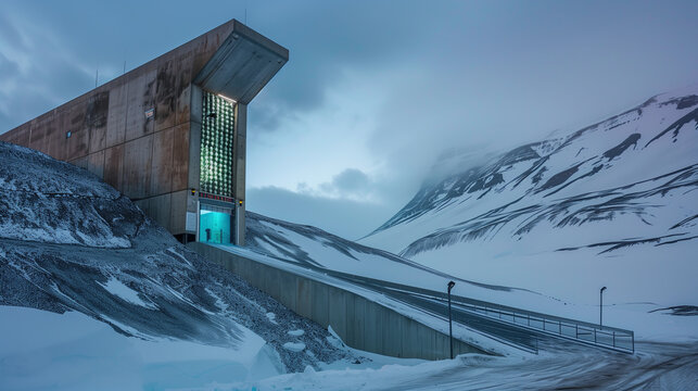 A secretive view of the Svalbard Global Seed Vault in Norway, in a realistic photographic style, showcasing the entrance to the underground facility storing seeds from around the world.