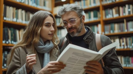 An attractive university professor demonstrates a research paper to a student, and shows her the book for her thesis in the library. Generative AI.