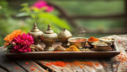 Traditional Ayurveda Setup with Herbs and Spices on Rustic Wooden Table in Natural Outdoor Setting