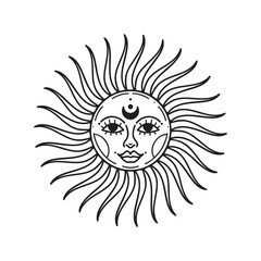 Sun vector illustration, hand drawn celestial boho line art logo, icons and symbol mystic moon tattoo elements for decoration.