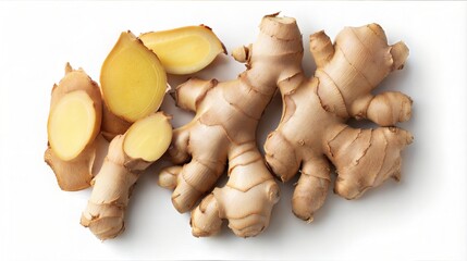 Fototapeta premium Fresh Ginger Root and Slices Isolated on White Background, Top View