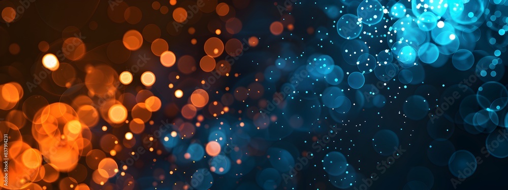 Poster abstract background with glowing blue and orange elements, cyber network grid pattern, lights in the